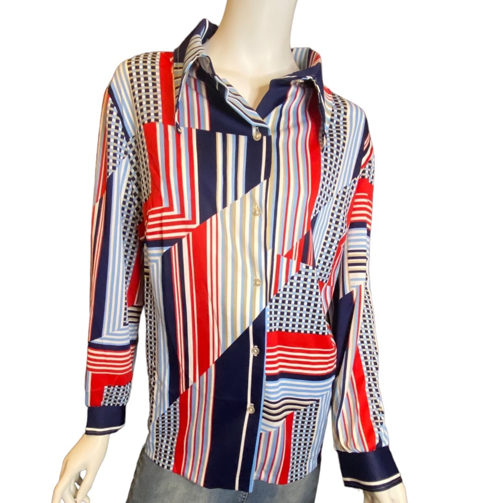 Vintage 70s Blouse Size 1X Red White Blue - Picture 4 of 11